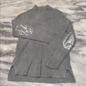 Copper key elbow patch sequin embellished sweater